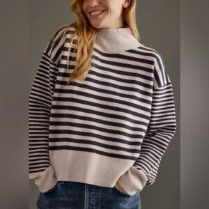 Anthropologie Maeve Striped Navy and Cream Women's Sweater | Medium